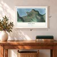 Soda Bay, California map, 12 x 18 inch print in a white frame in an entryway