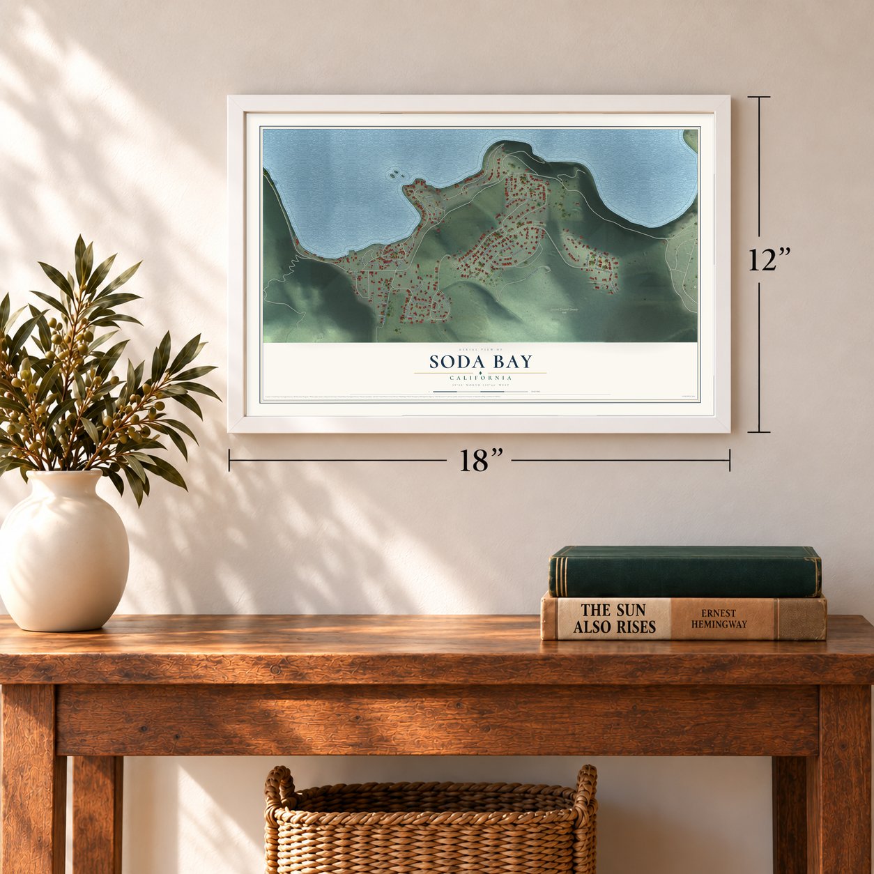 Soda Bay, California map, 12 x 18 inch print in a white frame in an entryway