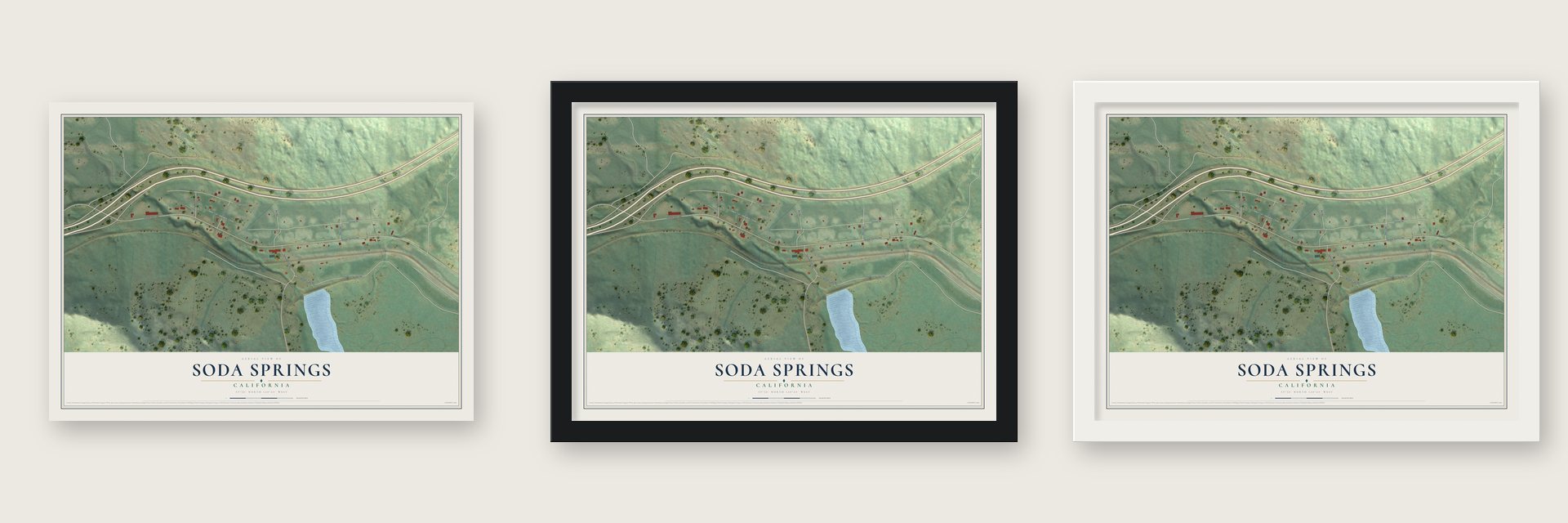 Soda Springs, California map unframed, in a black wood frame and in a white wood frame
