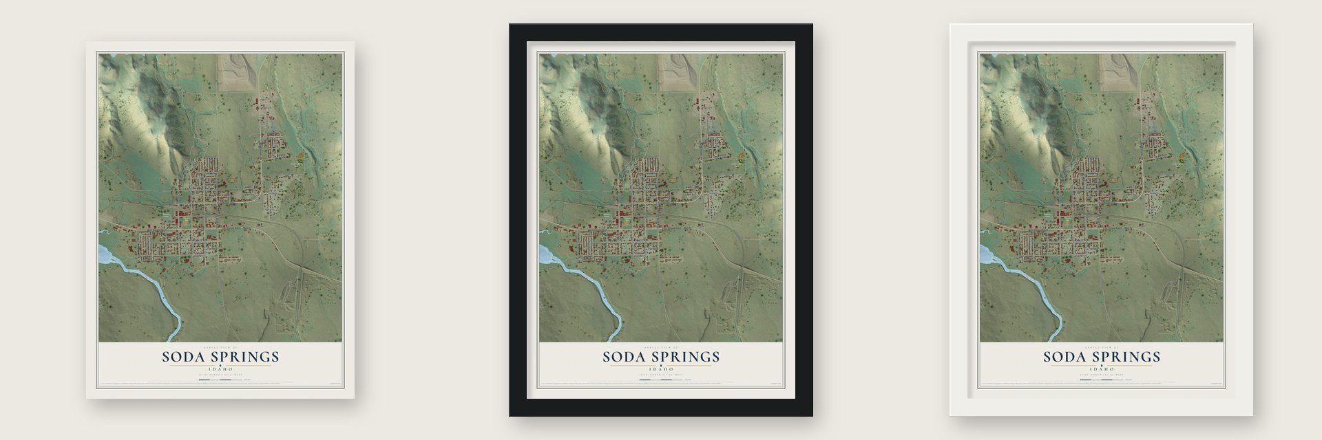 Soda Springs, Idaho map unframed, in a black wood frame and in a white wood frame