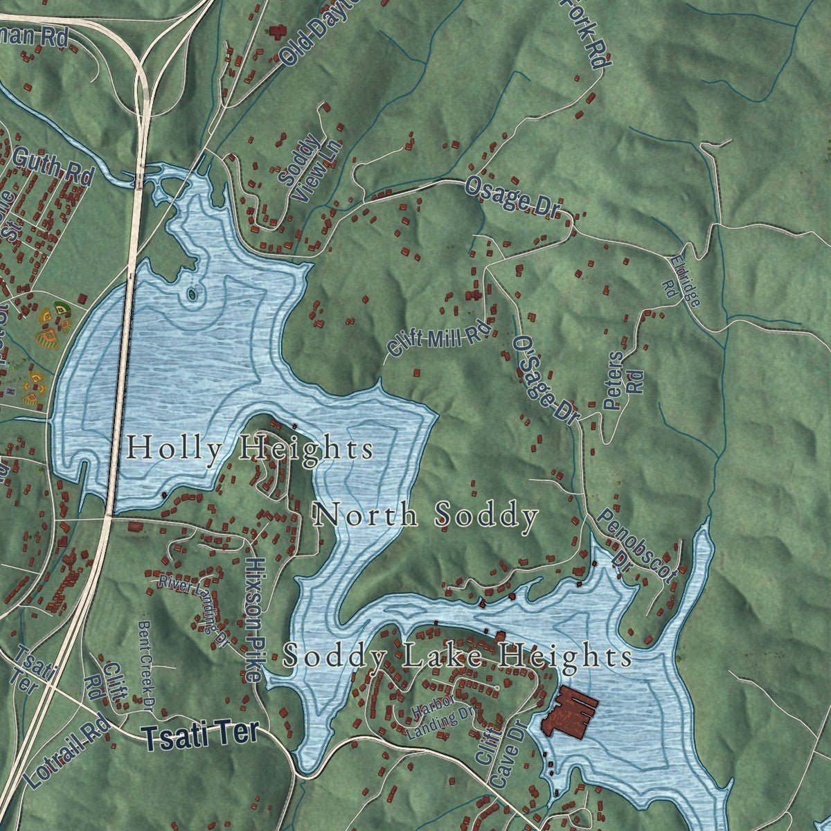 Second close-up of the map of Soddy-Daisy, Tennessee print showing more streets and buildings