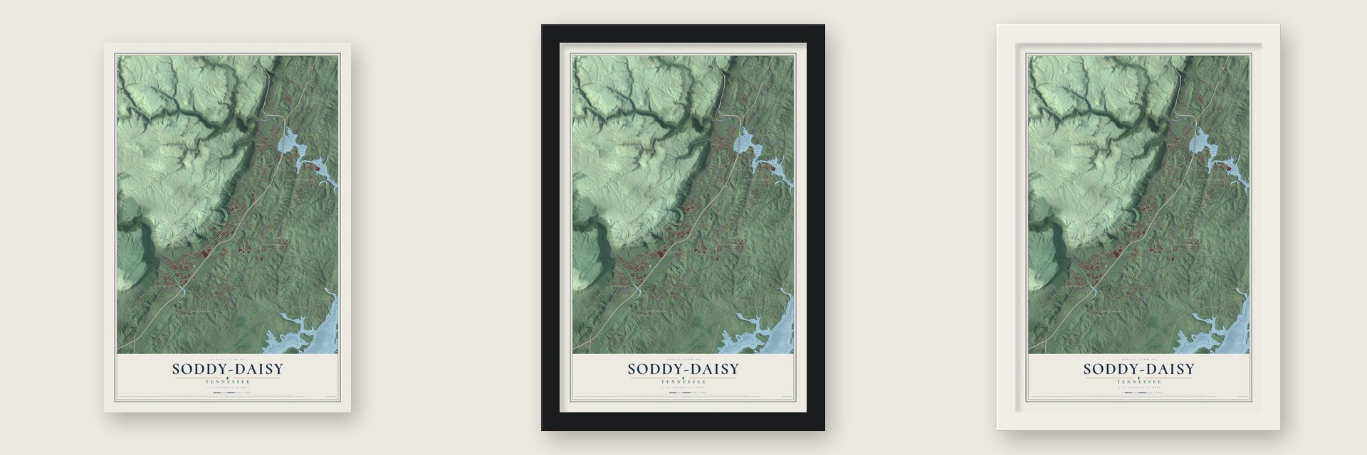 Soddy-Daisy, Tennessee map unframed, in a black wood frame and in a white wood frame