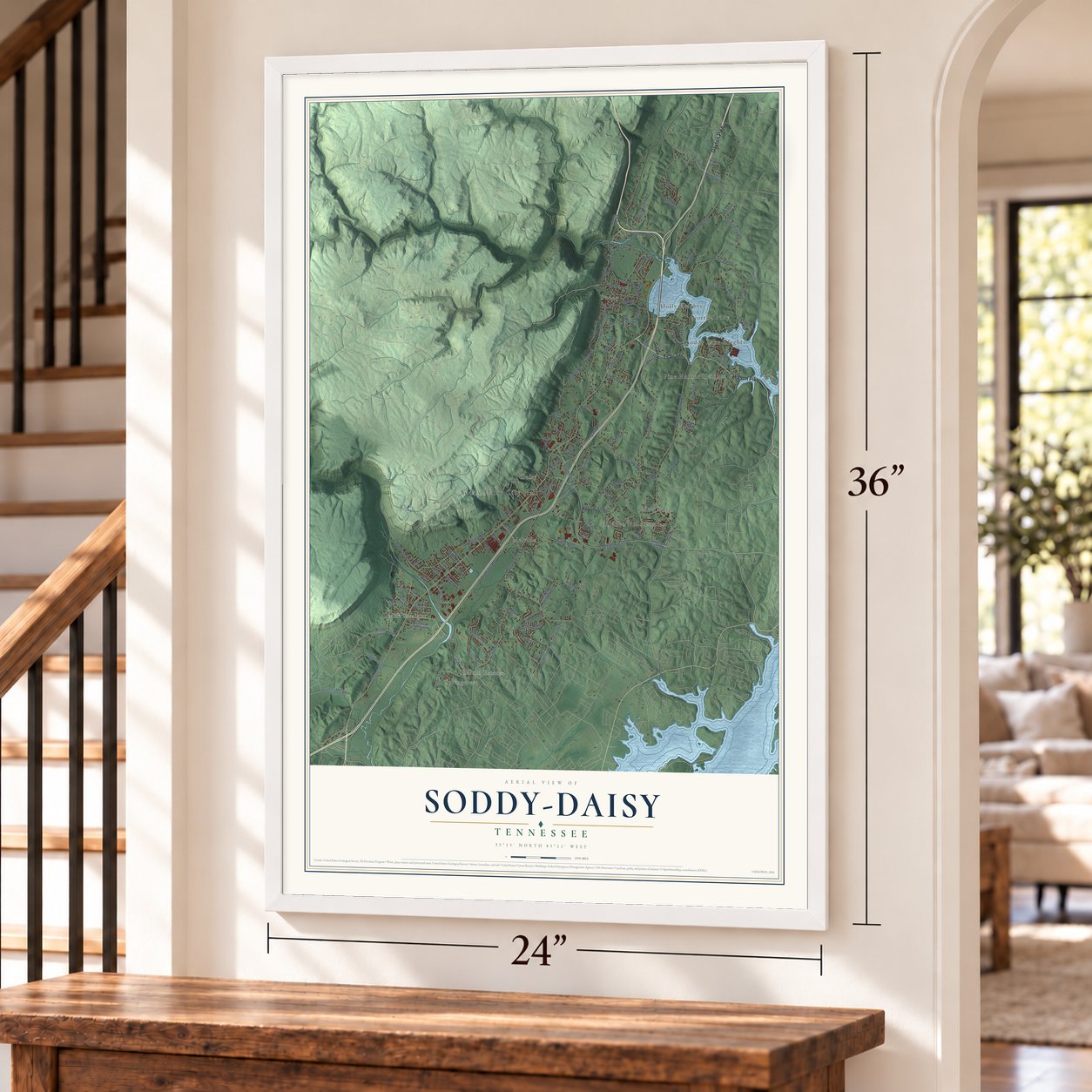 Soddy-Daisy, Tennessee map, 24 x 36 inch print in a white frame by a staircase