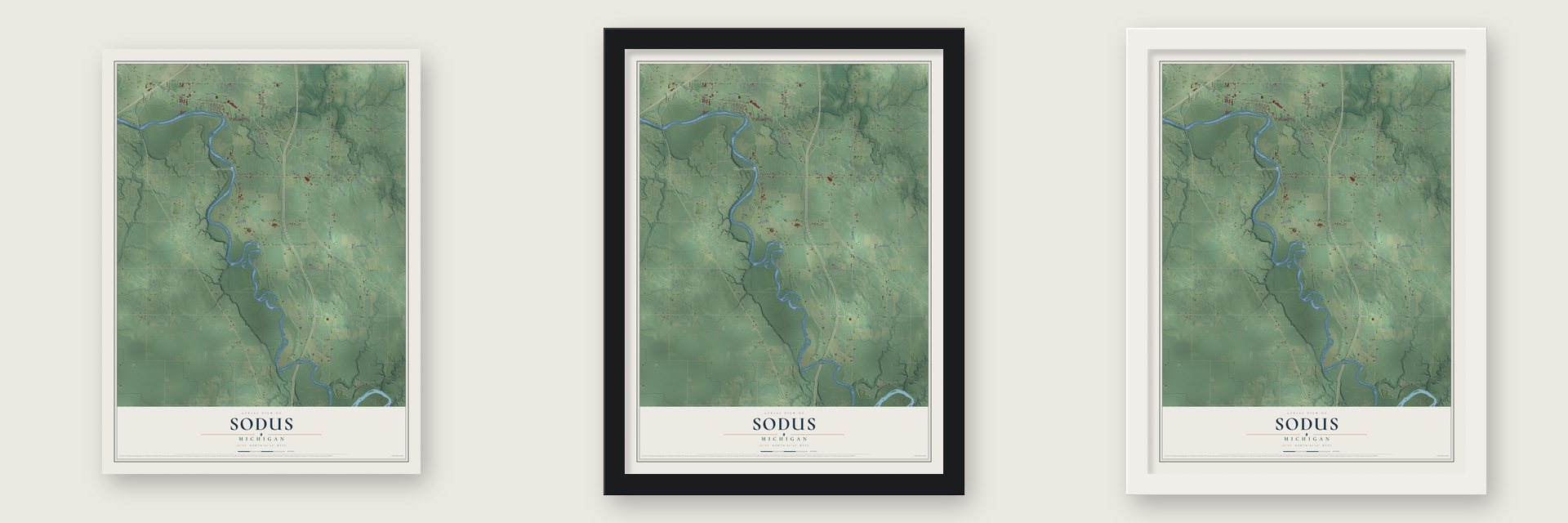Sodus, Michigan map unframed, in a black wood frame and in a white wood frame