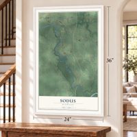 Sodus, Michigan map, 24 x 36 inch print in a white frame by a staircase