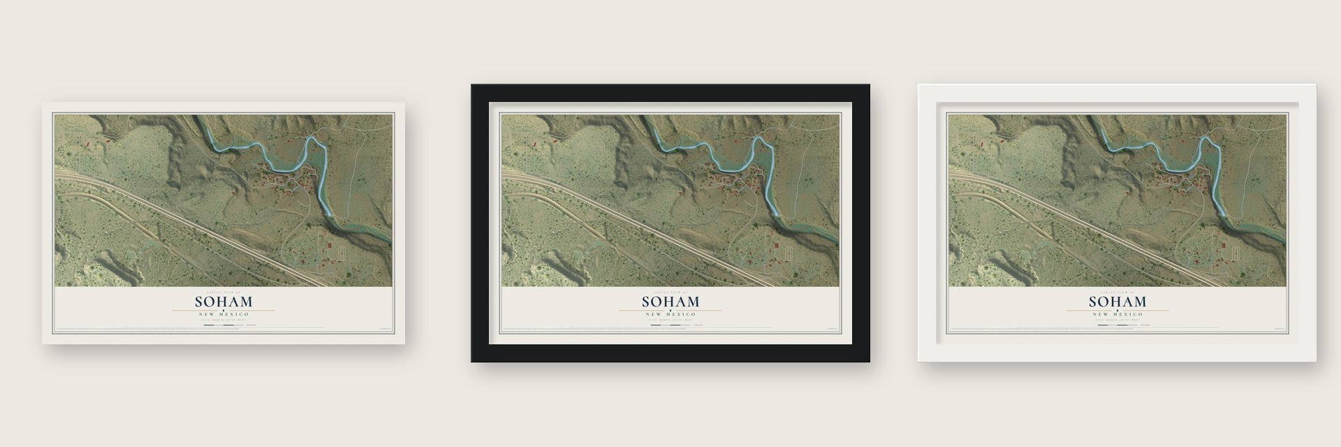 Soham, New Mexico map unframed, in a black wood frame and in a white wood frame