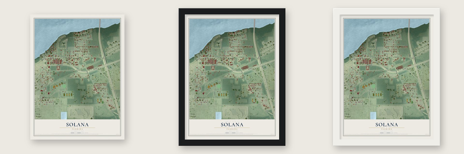 Solana, Florida map unframed, in a black wood frame and in a white wood frame