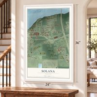 Solana, Florida map, 24 x 36 inch print in a white frame by a staircase