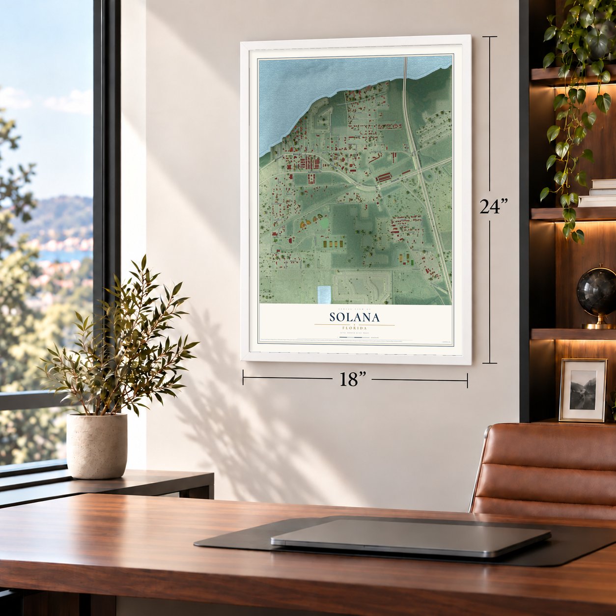 Solana, Florida map, 18 x 24 inch print in a white frame in a home office