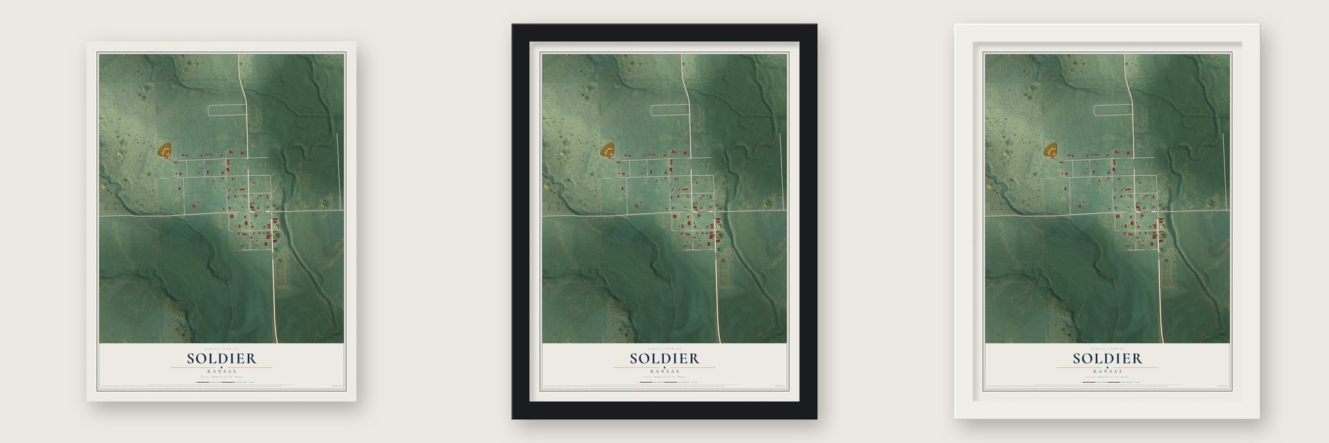 Soldier, Kansas map unframed, in a black wood frame and in a white wood frame