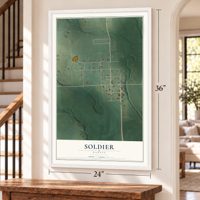 Soldier, Kansas map, 24 x 36 inch print in a white frame by a staircase