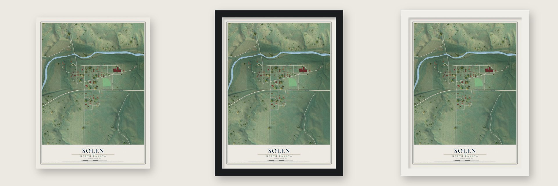 Solen, North Dakota map unframed, in a black wood frame and in a white wood frame