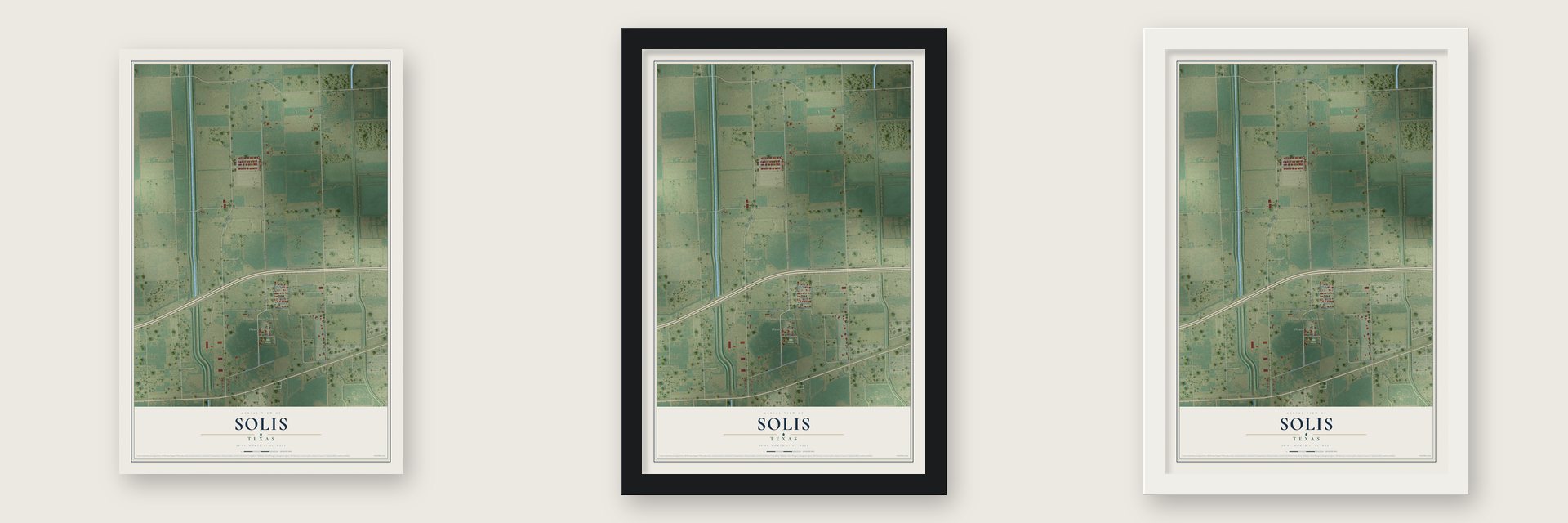 Solis, Texas map unframed, in a black wood frame and in a white wood frame