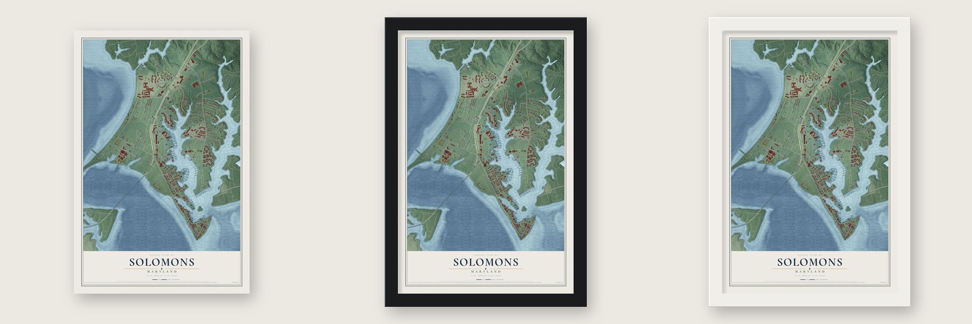 Solomons, Maryland map unframed, in a black wood frame and in a white wood frame