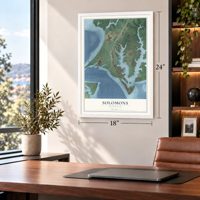 Solomons, Maryland map, 18 x 24 inch print in a white frame in a home office
