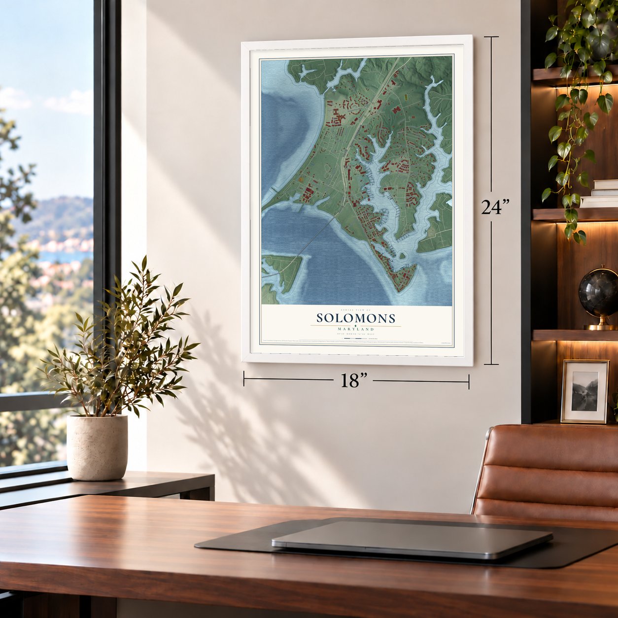 Solomons, Maryland map, 18 x 24 inch print in a white frame in a home office
