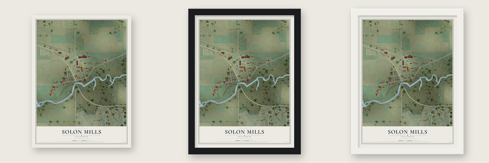 Solon Mills, Illinois map unframed, in a black wood frame and in a white wood frame