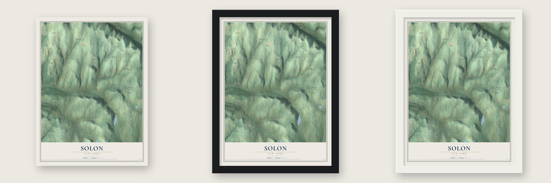 Solon, New York map unframed, in a black wood frame and in a white wood frame
