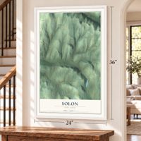 Solon, New York map, 24 x 36 inch print in a white frame by a staircase