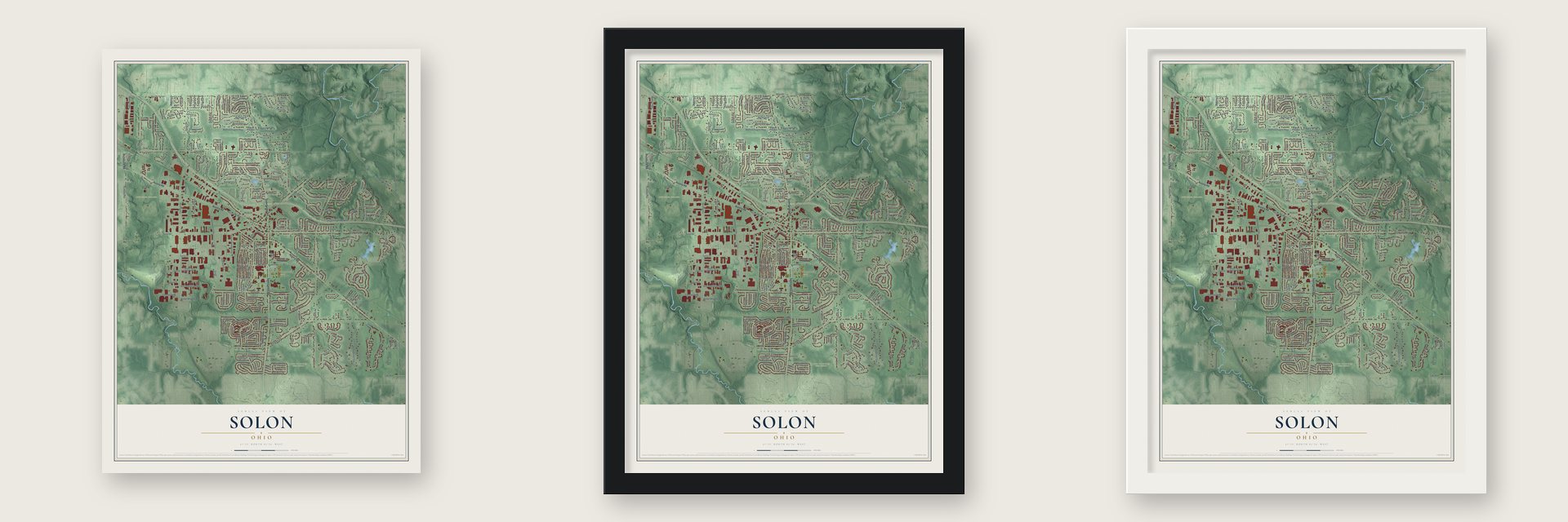 Solon, Ohio map unframed, in a black wood frame and in a white wood frame