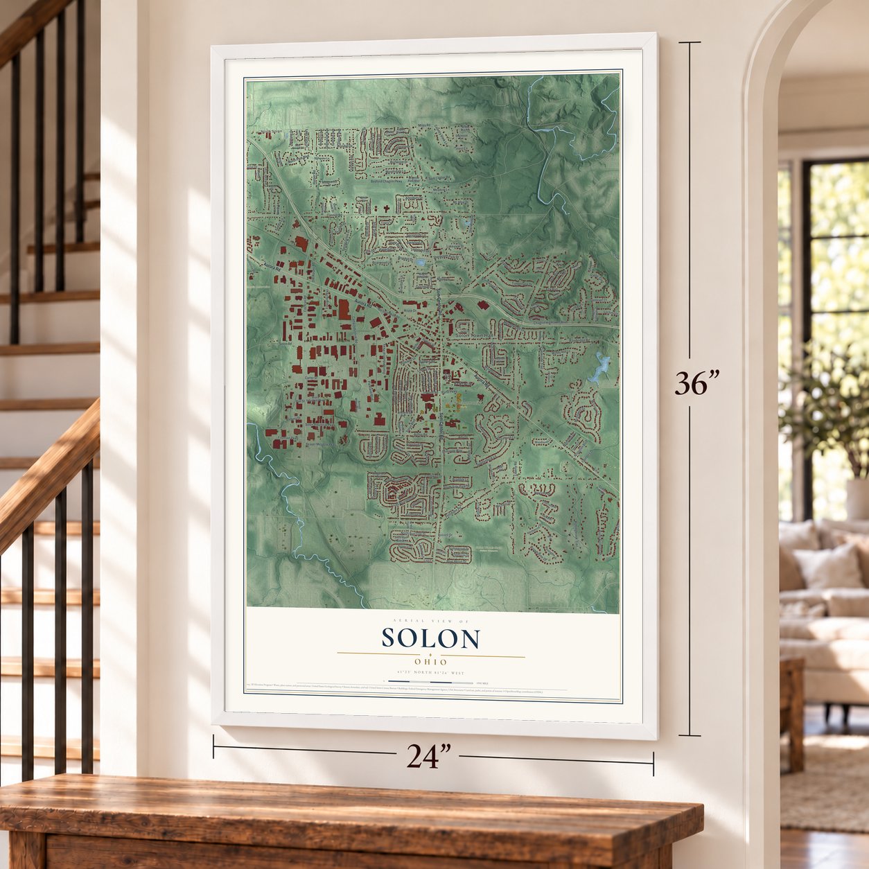 Solon, Ohio map, 24 x 36 inch print in a white frame by a staircase