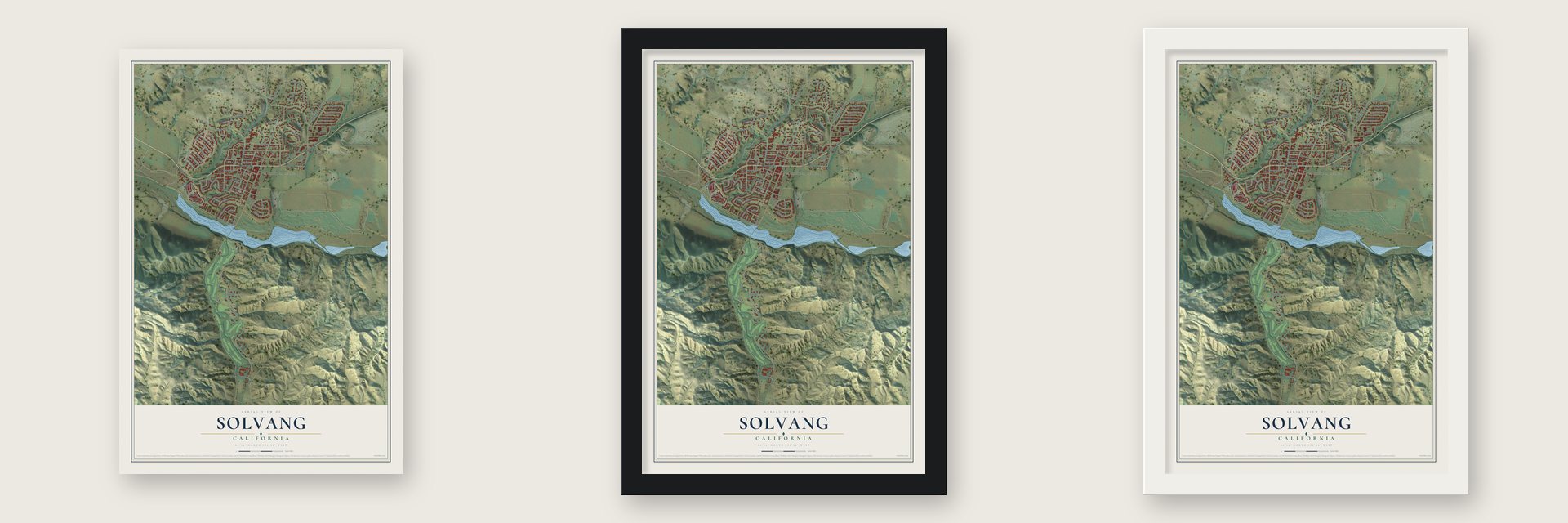 Solvang, California map unframed, in a black wood frame and in a white wood frame