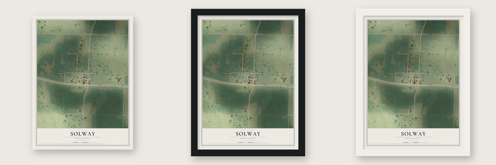 Solway, Minnesota map unframed, in a black wood frame and in a white wood frame