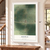 Solway, Minnesota map, 24 x 36 inch print in a white frame by a staircase