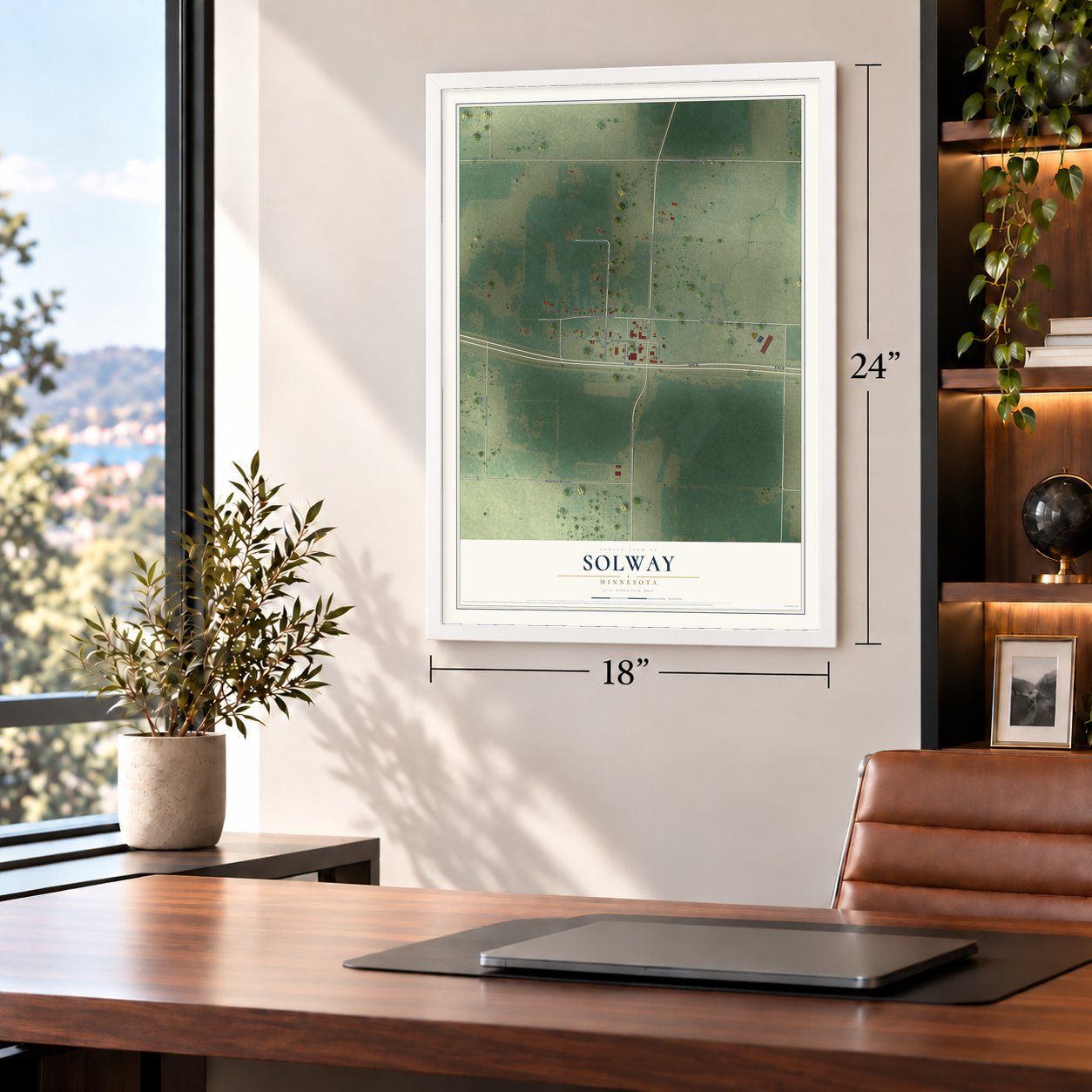 Solway, Minnesota map, 18 x 24 inch print in a white frame in a home office