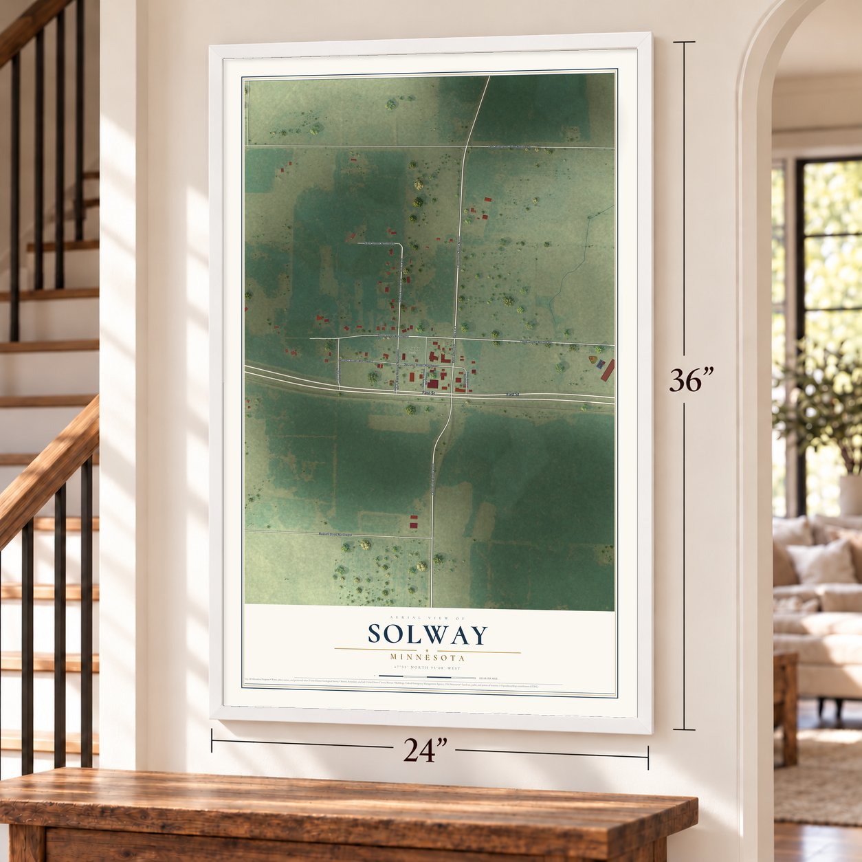 Solway, Minnesota map, 24 x 36 inch print in a white frame by a staircase