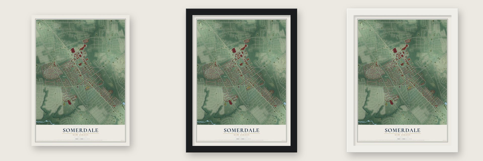 Somerdale, New Jersey map unframed, in a black wood frame and in a white wood frame