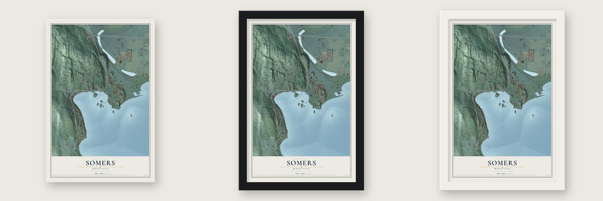 Somers, Montana map unframed, in a black wood frame and in a white wood frame