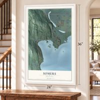 Somers, Montana map, 24 x 36 inch print in a white frame by a staircase