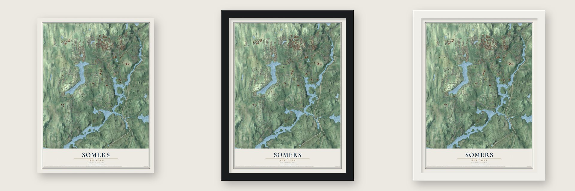 Somers, New York map unframed, in a black wood frame and in a white wood frame