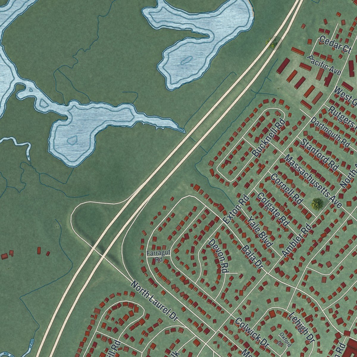 Second close-up of the map of Somers Point, New Jersey print showing more streets and buildings
