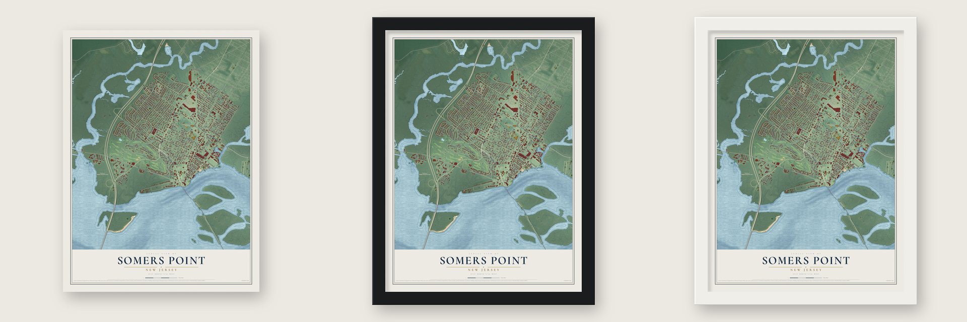 Somers Point, New Jersey map unframed, in a black wood frame and in a white wood frame