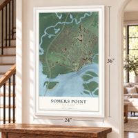 Somers Point, New Jersey map, 24 x 36 inch print in a white frame by a staircase