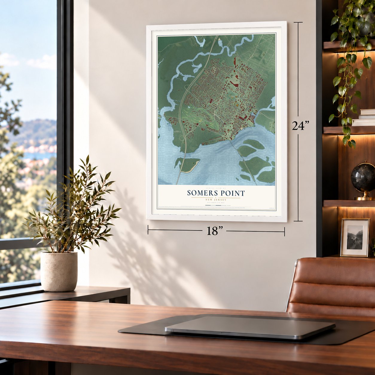 Somers Point, New Jersey map, 18 x 24 inch print in a white frame in a home office