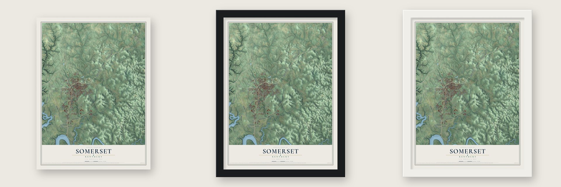Somerset, Kentucky map unframed, in a black wood frame and in a white wood frame