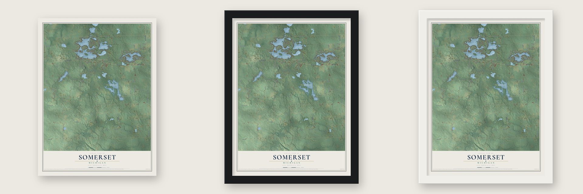 Somerset, Michigan map unframed, in a black wood frame and in a white wood frame
