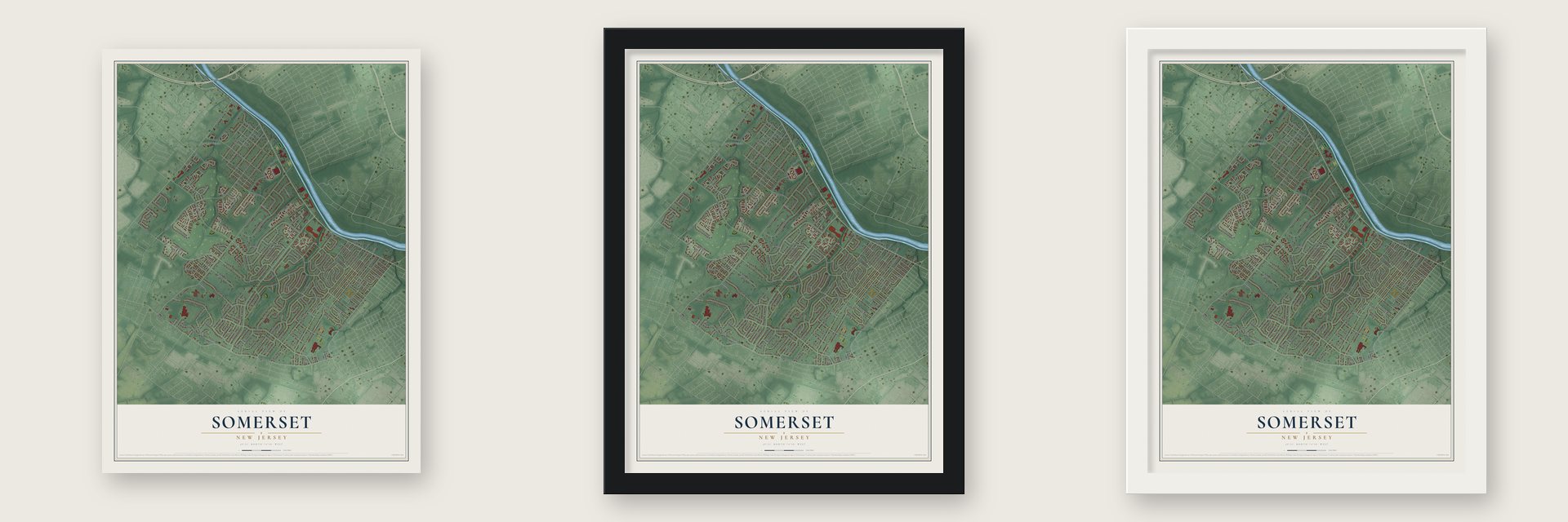 Somerset, New Jersey map unframed, in a black wood frame and in a white wood frame