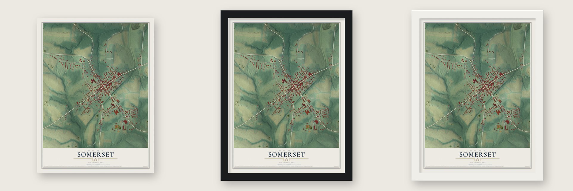 Somerset, Ohio map unframed, in a black wood frame and in a white wood frame