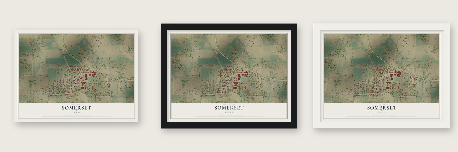 Somerset, Texas map unframed, in a black wood frame and in a white wood frame