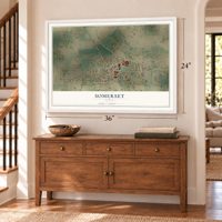 Somerset, Texas map, 24 x 36 inch print in a white frame above a dresser by a staircase