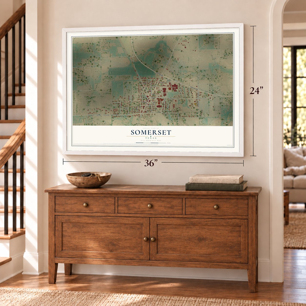 Somerset, Texas map, 24 x 36 inch print in a white frame above a dresser by a staircase
