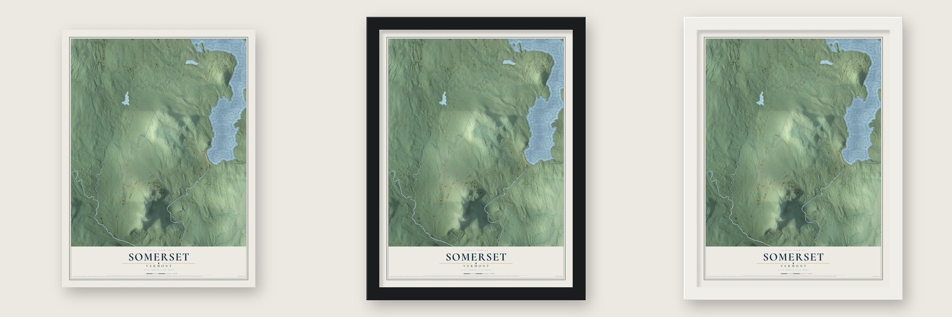 Somerset, Vermont map unframed, in a black wood frame and in a white wood frame