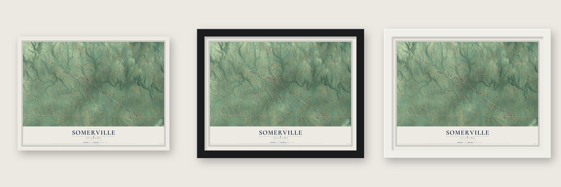 Somerville, Alabama map unframed, in a black wood frame and in a white wood frame