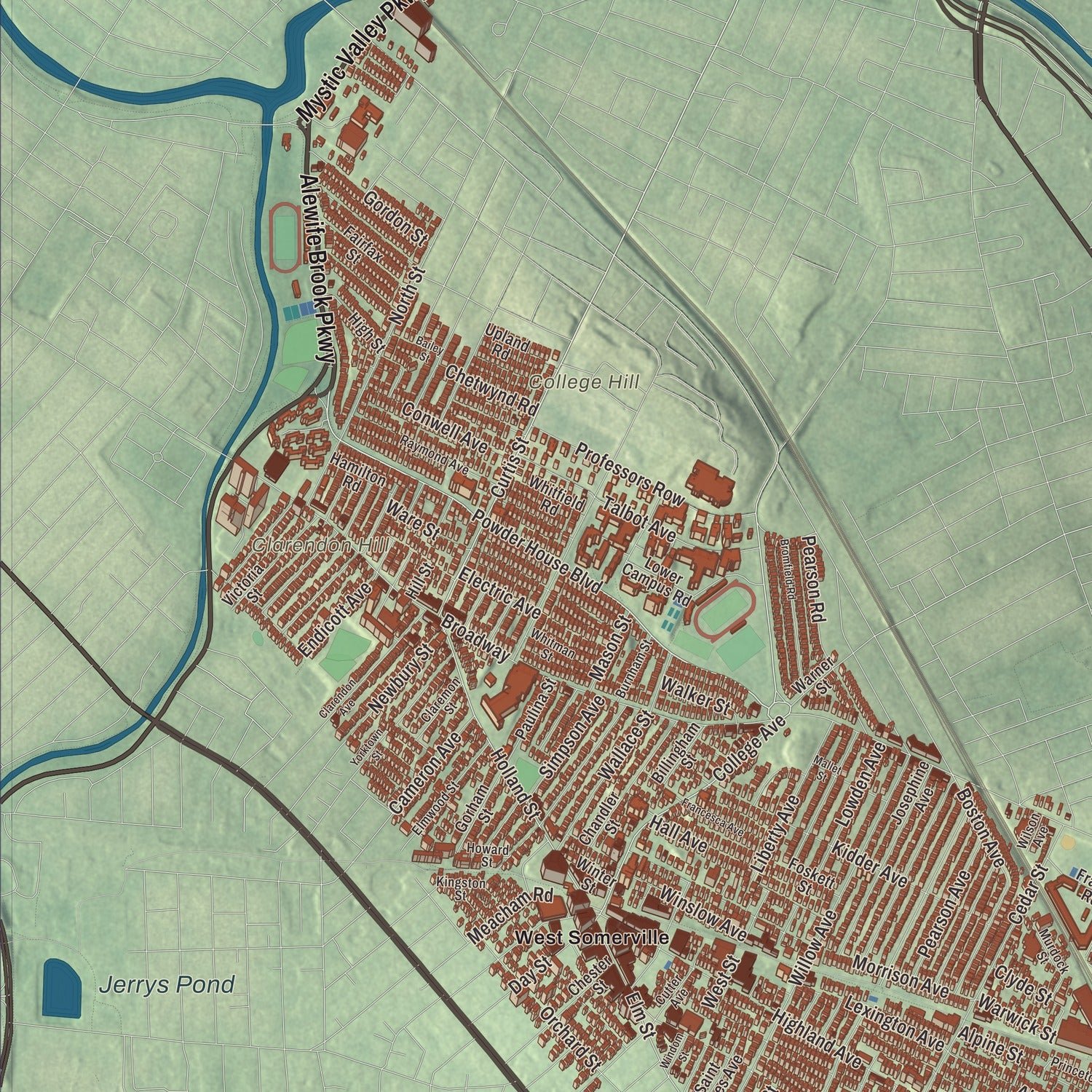 Close-up of the map of Somerville, Massachusetts print showing terrain and local geography