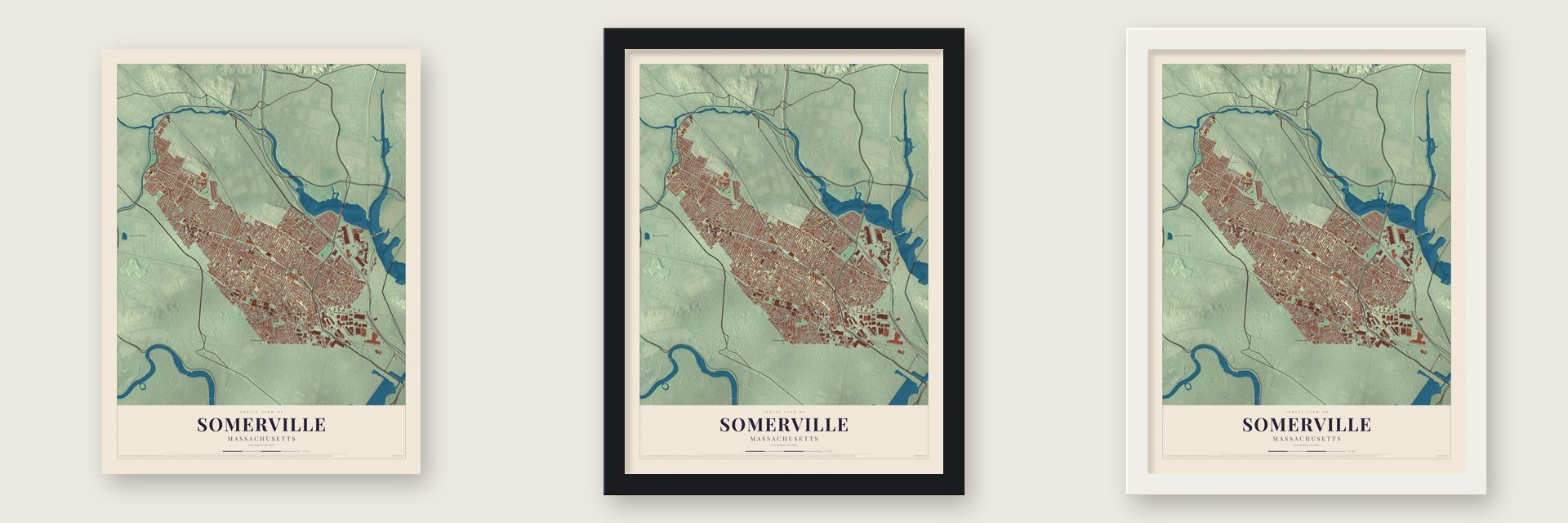 Somerville, Massachusetts map unframed, in a black wood frame and in a white wood frame