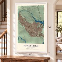 Somerville, Massachusetts map, 24 x 36 inch print in a white frame by a staircase
